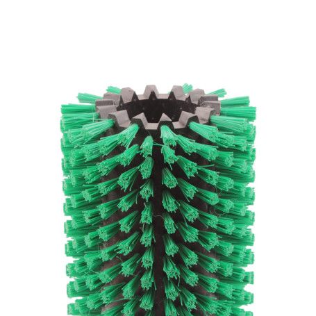 Cylindrical fruit and vegetable brush with green pexcrine bristles